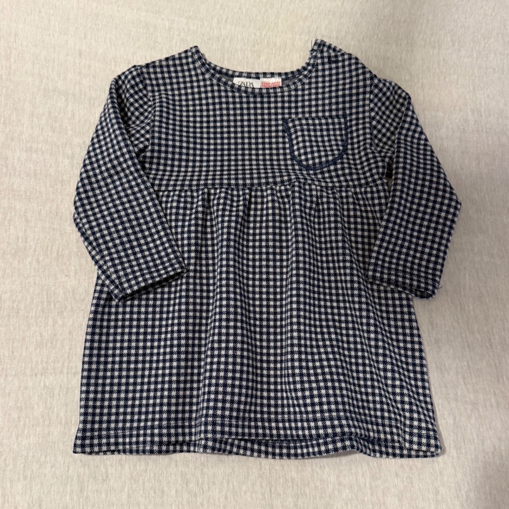 Zara‎ Baby Navy Blue Gingham Check Long Sleeve Dress 9-12 Months